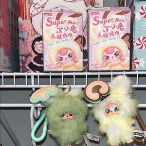 Baby Three Super Mini Bunny Plush Keychain - F Green & C Yellow Fuzzy Charm